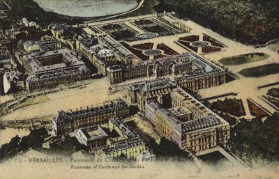 Panoraamanäkymä Versaillesin palatsille ja puutarhaan (värikuva) tekijältä French Photographer