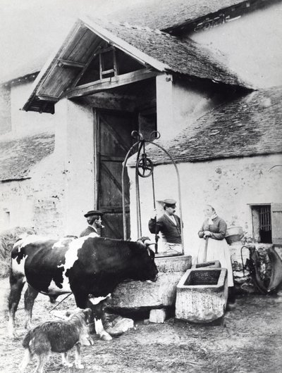 Talonpojat kaivon ympärillä, pihalla, n.1860-70 (b/w kuva) tekijältä French Photographer