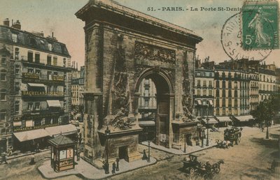 Porte Saint-Denis Pariisissa, Ranskassa. Postikortti lähetetty 1913. tekijältä French Photographer