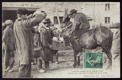 Postikortti, joka kuvaa maanviljelijää Haute-Loiressa myymässä ruokaa torilla, n. 1900 tekijältä French Photographer