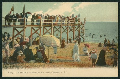 Postikortti, joka kuvaa Baths Marie-Christineä Le Havressa, n. 1900 (värillinen mustavalkoinen valokuva) tekijältä French Photographer