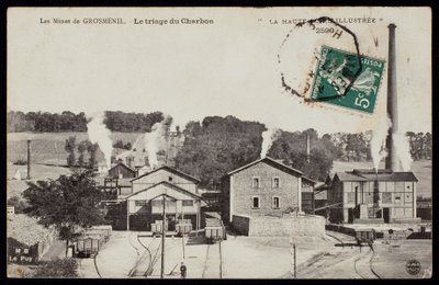 Postikortti, joka kuvaa Grosmenilin kaivoksia, hiilen lajittelua, Haute-Loire, n. 1900 tekijältä French Photographer