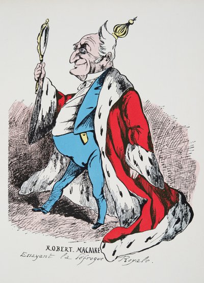 Robert Macaire - Trying on the Royal Disfrock, Histoire de la Troisieme Republique, Vol. I, Poliittinen historia, pub.1933 (väri litho) tekijältä French Photographer