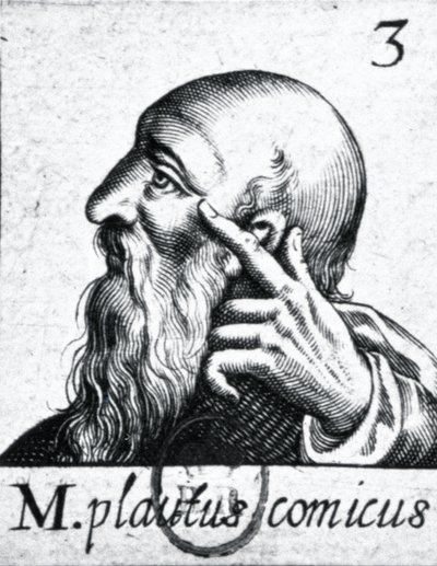 (myötäpäivään vasemmalta) Horatiuksen muotokuva (65-8 eKr.); muotokuva Scipio Aemilianuksesta (Africanus Minor) (185-129 eKr.); Plautuksen (n. 254-184 eKr.) muotokuva (84908:n yksityiskohta) tekijältä French School