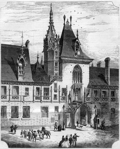 1400-luvun goottilainen arkkitehtuuri: ranskalaisen kauppiaan Jacques Coeurin (1395-1456) talon sisäpihan julkisivu. Bourges, Cher (18) tekijältä French School
