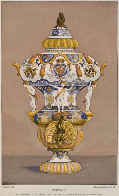 1700-luvun fajanssisuihkulähde Montmorency Luxembourgin vaakunalla, valmistettu Rouenissa, kuvitus Henry Havardin Dictionnaire de lameublement et de la decoration, osa 2, tekijältä French School
