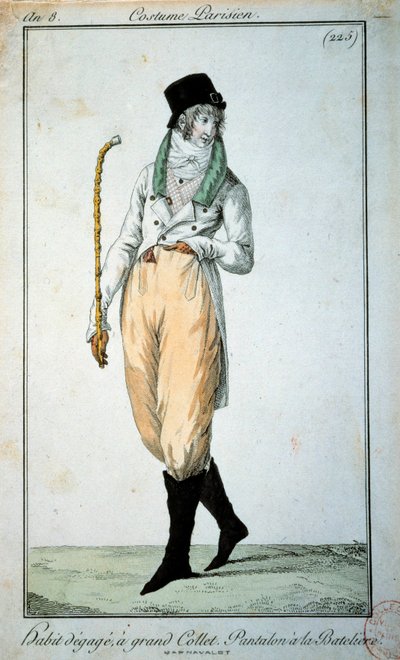 1700-luvun muoti: Pariisilainen puku isolla kauluksella, housut veneillä. Pariisi, Musee du Costume tekijältä French School