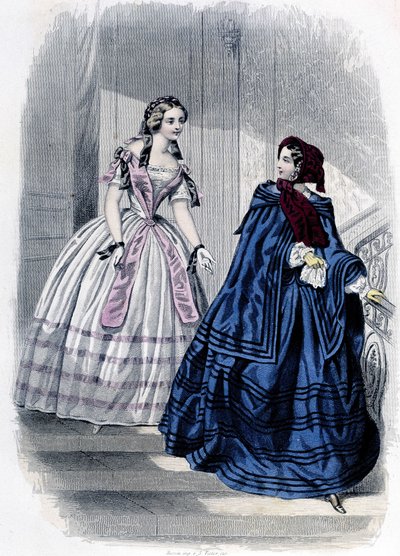2 muodikasta naista - "" Journal des Demoiselles "" 1852 -lehdessä. tekijältä French School