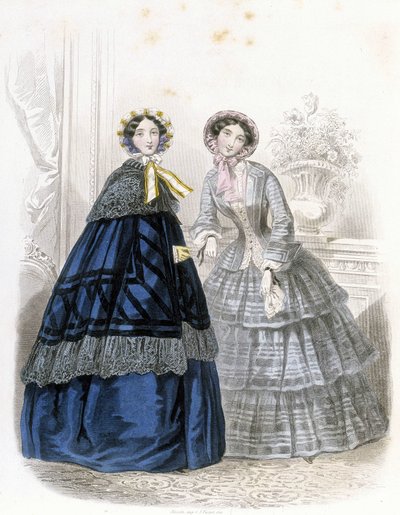 2 muodikasta naista: asussa - "" Journal des Demoiselles"" 1852 (kaiverrus) tekijältä French School