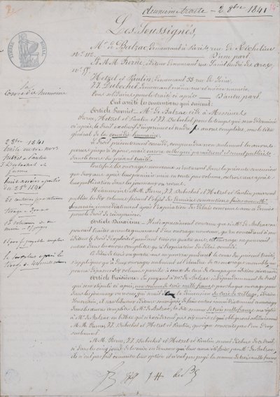 Toinen sopimusasiakirja, joka koskee La Comedie Humainea Honore de Balzacin (1799-1850) ja Hetzelin, Paulinin, Dubochetin ja kustantaja Charles Furnen välillä, 2. lokakuuta 1841 tekijältä French School