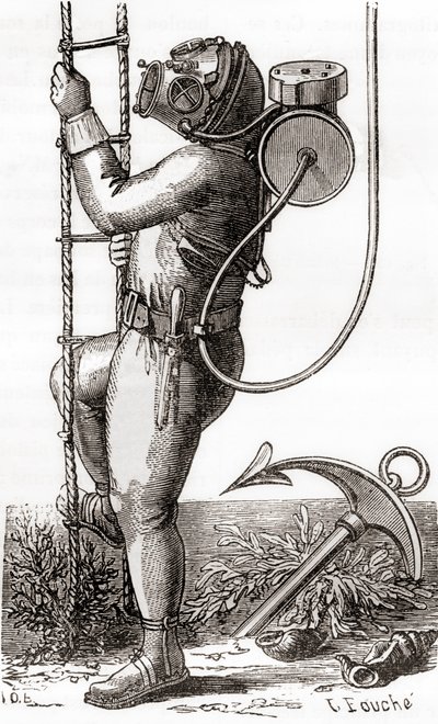 1800-luvun syvänmeren sukeltaja, jolla on kumipäällysteinen sukelluspuku, jossa on kypärä ja säiliön säädin, julkaisusta "Les Merveilles de la Science", julkaistu n. 1870 (kaiverrus) tekijältä French School