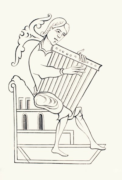 800-luvun muusikko, joka soittaa psalterium-instrumenttia, Les Arts au Moyen Age, julkaistu 1873 (litho) tekijältä French School