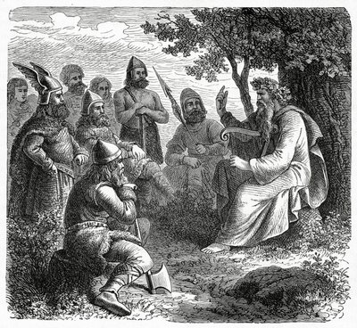 Bard lausumassa pohjoismiehille, n. 1882 (puukaiverrus) tekijältä French School