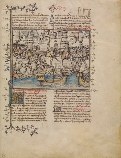Taistelu Troijan sodasta, n. 1390-1400 (tempera, pesut ja kultalehti pergamentilla) tekijältä French School