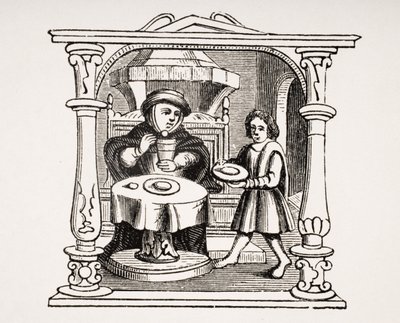 Burgess syömässä ateriansa 1500-luvun käsikirjoituksen kuvituksen jälkeen Paul Lacroixin (1806-84) Le Moyen Age et La Renaissance -julkaisusta, julkaistu 1847 tekijältä French School