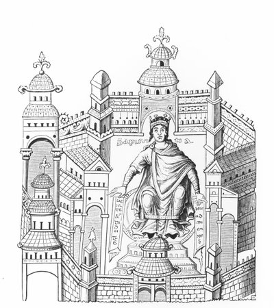 Karlovingien kuningas palatsissaan, joka persoonallisti koko ihmiskuntaan vetoavaa viisautta käsikirjoituksen pienoismallin jälkeen, jonka on kopioinut kreivi Horace de Viel-Castel (1798-1864) tekijältä French School
