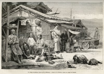 Kalifornian Montereyn lähellä sijaitseva kiinalainen kalastajakylä todisti tärkeästä kiinalaisyhteisöstä, joka on perustettu Yhdysvaltojen Tyynenmeren rannikolle. Kaiverrus D.Maillardin piirustuksen jälkeen havainnollistamaan tarinaa La conquete blanche, k tekijältä French School