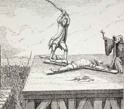 Kuolemaan tuomittu rikollinen, joka rikottiin Pyhän Andreaksen ristillä 1700-luvulla, 1875 tekijältä French School