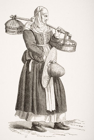 Munien jälleenmyyjä, Cesare Vecellion (1521-1601) 1500-luvun puupiirros Paul Lacroixin (1806-84) teoksesta "Le Moyen Age et La Renaissance", julkaistu 1847 tekijältä French School