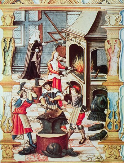 Ranskalainen takomo 1500-luvulta, kopio "Chants royaux sur la Conception Couronnee du Puy de Rouen" (värilitho) pienoismallista tekijältä French School