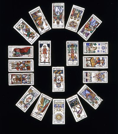 Ranskalainen kivitavaralevypaneeli, koristeltu Marseillen Tarot-korttipakassa, 1900-luku tekijältä French School