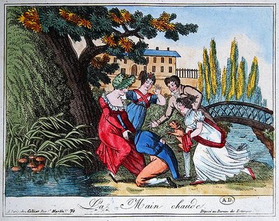 Peli "La Main Chaude" ("Hot Cockles"), 1800-luvun alku (värikaiverrus) tekijältä French School