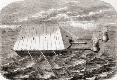 Kreikkalainen palolaiva, piirustuksen jälkeen 1200-luvun latinalaiseen käsikirjoitukseen, Les Merveilles de la Science -julkaisusta, julkaistu noin 1870 (kaiverrus) tekijältä French School