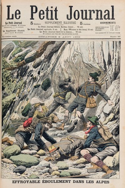 Kauhistuttava kiven putoaminen Tirolissa, kuvitus "Le Petit Journalista", 5. elokuuta 1906 tekijältä French School