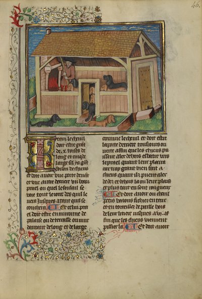 Kenneloituja koiria hoitava metsästäjä, n. 1430-1440 (tempera, kulta, hopea maali ja lehti pergamentilla) tekijältä French School