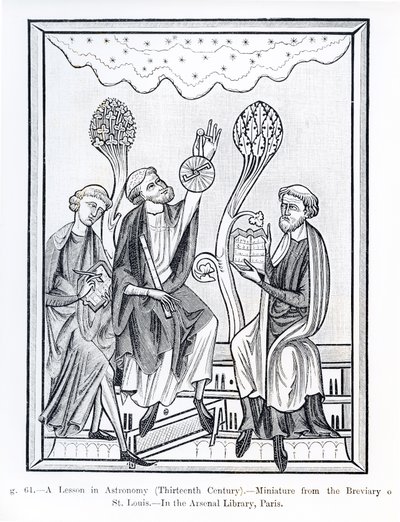 Astronomian oppitunti, St. Louisin breviaarista, kuvitus tieteestä ja kirjallisuudesta keskiajalla ja renessanssilla, kirjoittanut ja kaivertanut Paul Lacroix, 1878 (bw photo tekijältä French School