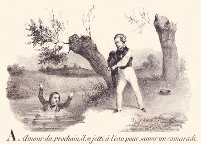 V: Lähimmäisen rakkaus, hän heittäytyy veteen pelastaakseen toverinsa. tekijältä French School