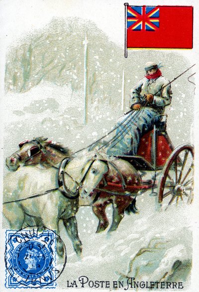 Postimies Englannissa jakamassa postia talvella, 1800-luvun lopulla tekijältä French School