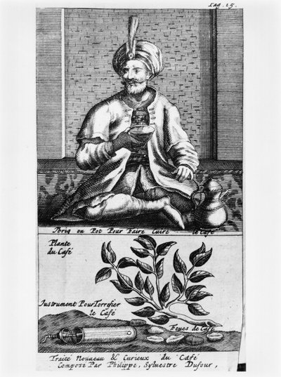 Kahvinkeitin, kuvitus Philippe Sylvestre Dufourin uudesta ja uteliaasta kahvia, teetä ja suklaata käsittelevästä traktaatista, La Haye, julkaistu 1693 tekijältä French School