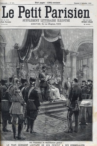 Ehdotus yleisestä aseistariisunnasta (tehty eurooppalaisille maille) - Tsaari Nikolai II (1868-1918) lukee käsikirjoituksensa neuvonantajilleen. Le Petit Parisien tekijältä French School