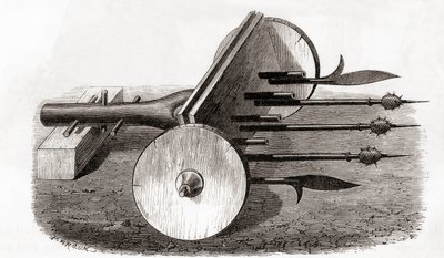 Ribauldequin, helvetin kone- tai urkuase, aseistettu pienillä tykillä ja haukeilla, Les Merveilles de la Sciencesta, julkaistu n. 1870 (kaiverrus) tekijältä French School
