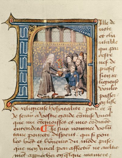 Sisar vastaanottamassa lahjoja potilailta, Jean Henryn Le Livre de Vie Active de lHotel Dieu de Paris -hotellista, n. 1482 tekijältä French School
