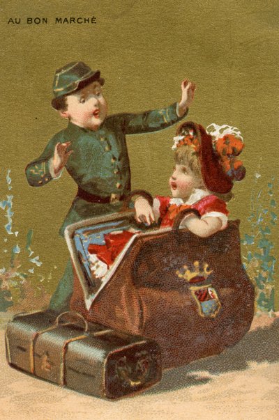 Yllätys matkatavaroissa, sarjasta lapsikuvia, valmistettu promokorteiksi Bon Marché -tavaratalolle Pariisissa, noin 1890 tekijältä French School