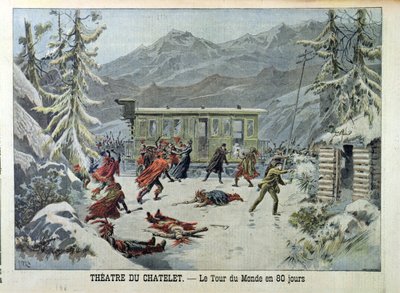 Jules Verne (1828-1905) Le Petit Journalista, 13. toukokuuta 1898: Amerikan intiaanien hyökkäämä juna, Maailman ympäri 80 päivässä tekijältä French School