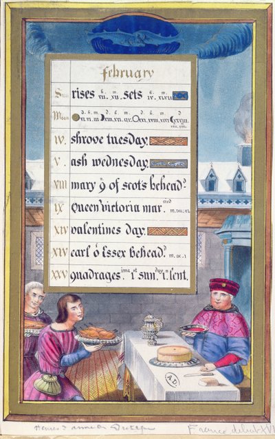Viktoriaaninen kalenteriarkki helmikuulle, jossa on kuvitus Anne de Bretagnen (1488-1514) tuntikirjasta tekijältä French School