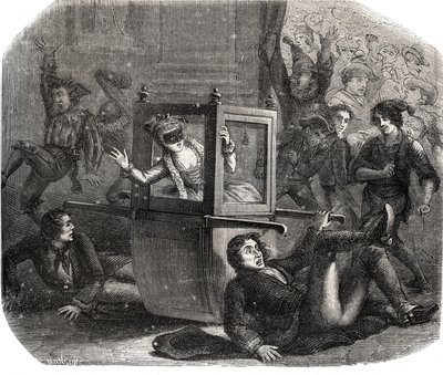 Jokerit estävät Marie-Theresen (Marie Therese) Le Vasseurin (Levasseur) (1721-1801), karnevaaliasun, etenemisen pyörätuolissaan. Hän on erään entisen rakastajan koston uhri. Kaiverrus vuodelta 1871 kirjassa "Histoire Des Cocus C tekijältä French School