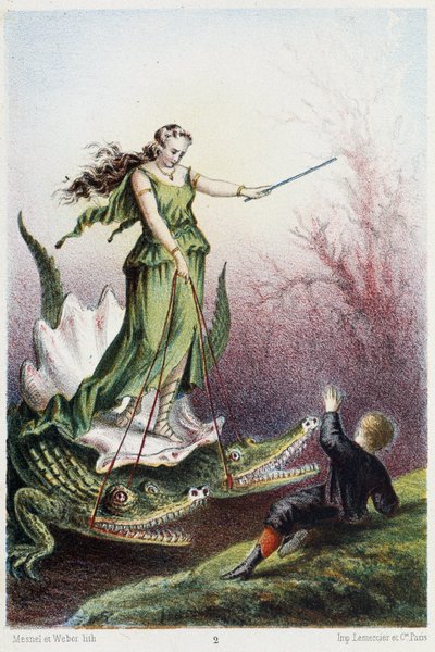 Poika naisen edessä, joka on kahden krokotiilin vetämän säiliön selässä - H. de la Blanchèren teoksessa "Matka merenpohjaan". Pariisi, toim. Jouvet et Cie, sd. 1880. (Double 02945) tekijältä French School