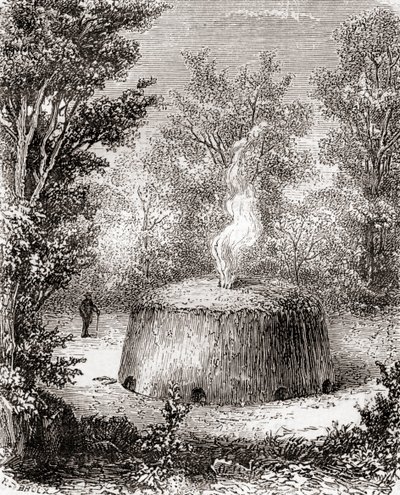 Hiiliuuni metsässä, 1800-luvun piirustuksen mukaan, Les Merveilles de la Science, julkaistu noin 1870 (kaiverrus) tekijältä French School