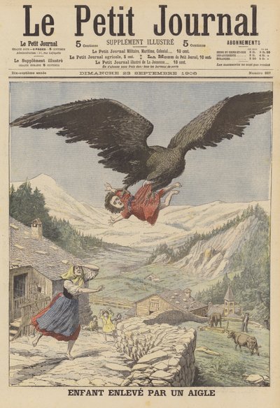 Kotkan kantama lapsi Italian Alpeilla (väri litho) tekijältä French School