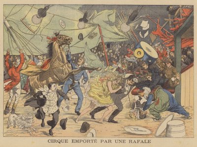 Sirkusteltta, jonka tuulenpuuska vie mukanaan (värilitografia). tekijältä French School