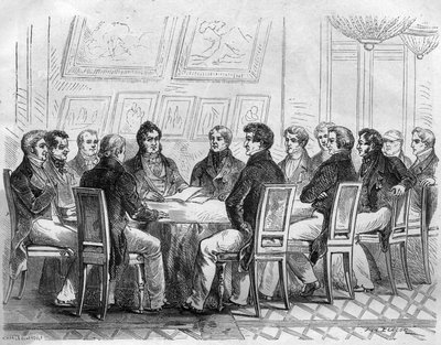 Porvariston edustajien sovinto Pariisin Palais Royalissa Kaarle X:n ja Restauration aikana. Kaiverrus Maurice Lachatren teokseen "Paavien-kuninkaiden-kuningattaren ja keisarien historia vuosisatojen ajan" tekijältä French School