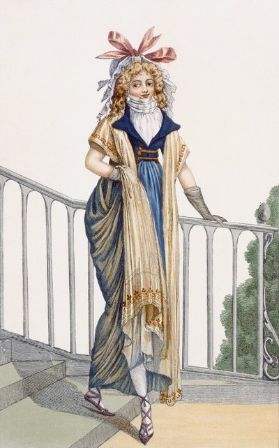 Maalaistyylinen kävelymekko, kuvitus Journal des Dames et des Modesista, 1797 tekijältä French School