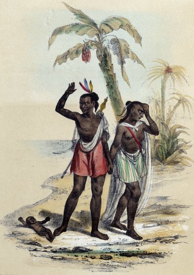 Pari ja vauva rannalla; kuvitus markiiseille, M.E Fouinetin teoksessa "Les twelve Nations" tekijältä French School