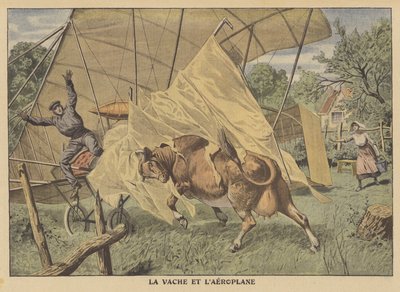 Lehmä hyökkää lentokoneeseen Amerikan keskilännessä (värilitho) tekijältä French School