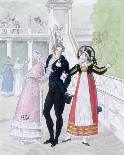 Dandy, jota seurustelee kaksi naamioitunutta naista, sarjasta Le Bon Genre (käsinvärinen kaiverrus) tekijältä French School
