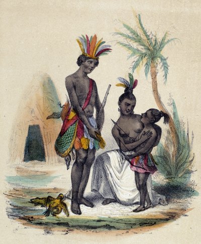 Kanadan intiaanien perhe tiipiensä edessä; kuvitus Kanadalle, M.E Fouinetin teoksessa "The twelve Nations". tekijältä French School